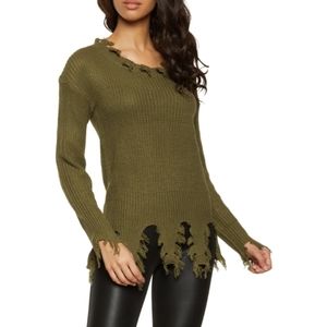 NWOT Olive Green Ripped Hem Knit Sweater